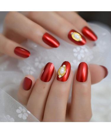 CSCH Classic Pearl Short Artificial Nails - Elegant Metallic Red Round Tips for Nail Art | Perfect Fake Nails for International Shipping - Buy Online on GoSupps.com