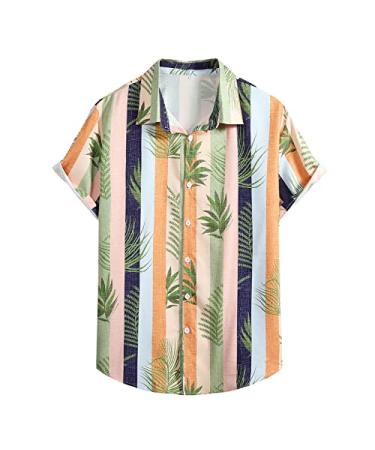 LADIGASU Mens Summer Shirt Turn Down Collar Loose Blouse Short Sleeve Button Down Floral Print Casual Beach Vacation T-Shirts 1-green T Shirts for Men X-Large