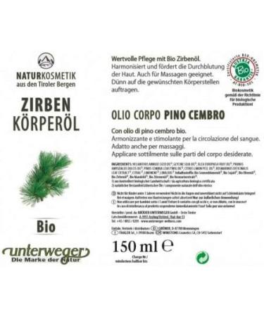 Unterweger ORGANIC Swiss Stone Pine Body Oil 150 ml - Natural Skincare for Glowing Skin - AT-BIO-301 - Buy Online on GoSupps.com