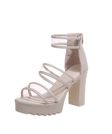 XTZYGLFD Zipper Sandals Fashion High Heels Shoes Women Back Solid Color Chunky Ladies Summer Sandals Beige 5.5 UK