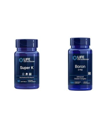 Life Extension Super K Vitamin K1 K2 MK-7 MK-4 Vitamin C Bone/Heart Health 3-Month Supply and Boron 3 Mg 100 Vegetarian Capsules