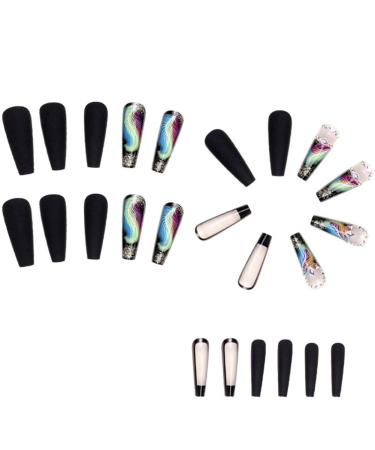 Kochenty 24 Pieces Colorful Feathers False Nails Detachable Press Nails DIY Manicure Glitter Nails