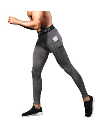 EARGFM Men's Athletic Leggings Workout Compression Pants with Pockets Cool Dry Baselayer Active Tights for Cycling Running Grey Medium