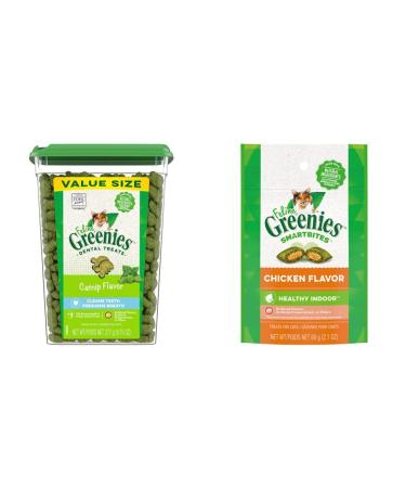 FELINE GREENIES Cat Treats Adult Natural Dental Care Catnip Flavour 9.75oz. Tub & FELINE GREENIES Cat Treats SMARTBITES Healthy Indoor Natural Dental Care Chicken Flavour 2.1oz Pouch
