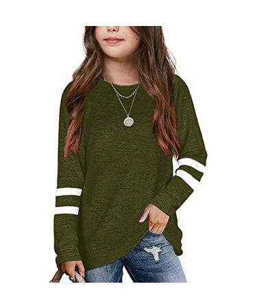 Teen Girls Long Sleeve T-Shirt Casual Loose Crewneck Stripe Fall Tunic Blouse Pullover Sweatshirt Tops 4-13T Green-5 8-9 Years