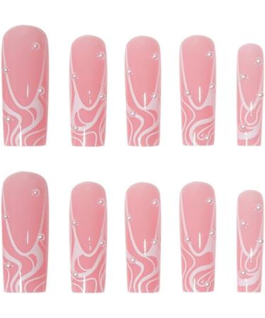 JUSTOTRY 24 Pcs Pink French Press on False Nails with Pearls - Medium Acrylic Coffin Fake Nails for Women | Ballerina Stick on Nails with Patterns and Glue for Nail Art - Buy Online on GoSupps.com