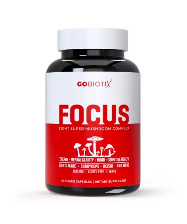 GOBIOTIX Focus Mushroom Supplement with Lions Mane  Cordyceps  Reishi  Chaga  Maitake + More - Adaptogen  Nootropic Brain Booster Pills for Memory  Clarity  Energy  Immune Support  90 Capsules