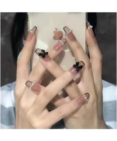 French Tip Press on Nails - Mid length Press On Nails with Nail Tips Black French chain bow Design Glossy Naked color press on nails Acrylic False Nails Cute Artificial Nails - Buy Online on GoSupps.com