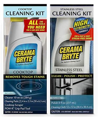 Cerama Bryte Stainless Steel Cleaner for Appliances + Cooktop and Stove Top Cleaner, 10 Ounce + 8 Fluid Ounce, POW-R Grip, Scraper, Pad + Cleaning Cloth - Buy Online on GoSupps.com