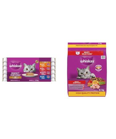 WHISKAS Perfect Portions Adult Wet Cat Food - Chicken Beef Whitefish and Tuna Salmon 75g Trays (24 Pack) & Meaty Selections Adult Dry Cat Food with Real Chicken 9.1 kg (Pack of 1) Cat Food + PET_FOOD
