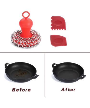 ecaqlin Cast Iron Chainmail Scrubber + Pan Stainless Steel Skillet Cleaner Scraper Tool for Cast Iron Pans Washable Red - Buy Online on GoSupps.com