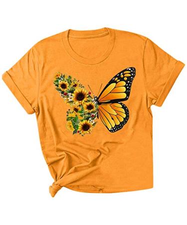 Women Summer Graphic Tees Casual Short Sleeve Printed Tops Sunflower and Butterfly Shirts for Women XX-Large Orange