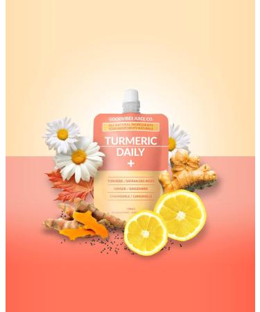 goodvibes juice co. Turmeric Daily | Natural Wellness Shot | Turmeric Black Pepper Ginger Chamomile Lemon Maple | Antioxidants Anti-Inflammatory Immunity | Vegan Gluten Free | 50mL Pouch (Pack of 12) - Buy Online on GoSupps.com