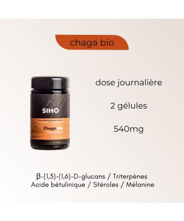 Siho - Organic Chaga Extract - Health and Immune System Dietary Supplement - Finnish Chaga 100% Organic Highly Bioavailable No Additives - Pot of 90 Capsules - Buy Online on GoSupps.com