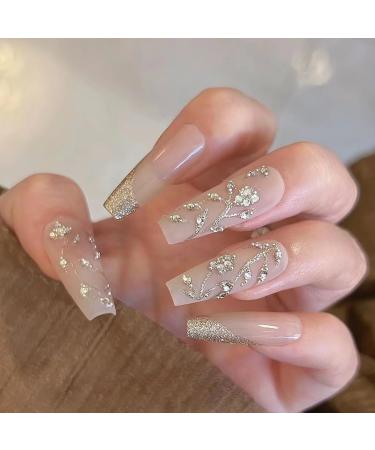 24Pcs/Set Press On Nails Long Vine Flower Diamond False Nails Acrylic Fake Nails Full Cover Nails Tips Artificial Finger Manicure Press on nails for Women and Girls - Buy Online on GoSupps.com