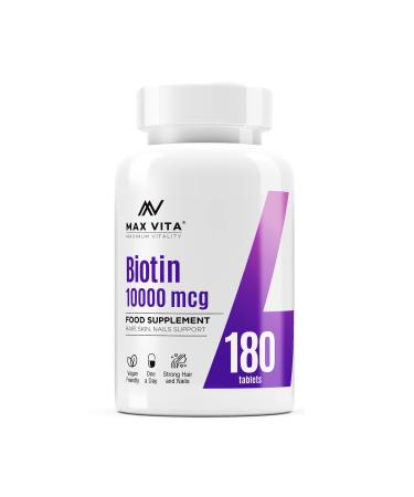 Biotin 10 000mcg High Strength Supplement for Men and Women|Supports Healthy Hair Skin & Nails|180 Vegetarian Tablets (Non-GMO Gluten Free) Made in The UK