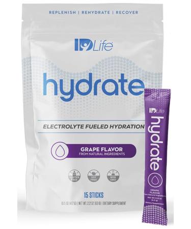 IDLife Grape Hydrate Drink Powder - Instant Electrolyte Fueled Hydration with Vitamins, MCTs & Minerals for Vital Nutrients - 15 Sticks per Bag