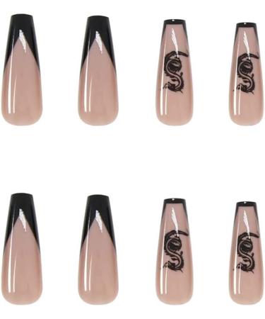 JustOTRY 24 Pcs Dragon Patterned Black French Press On Fake Nails | Ballerina Stick-On Acrylic Coffin False Nails for Women | Medium length with Glue - Nail Art - Buy Online on GoSupps.com