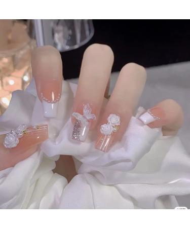 24Pcs/Set Press On Nails Three dimensional relief butterfly white camellia long False Nails Acrylic Fake Nails Full Cover Nails Tips Artificial Finger Manicure Press on nails for Women and Girls