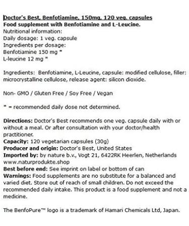 Doctor's Best Benfotiamine 150 mg - 120 Veggie Caps | Pure BenfoPure Supplement - Buy Online on GoSupps.com