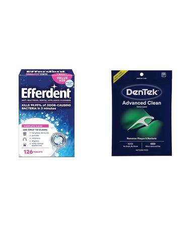Efferdent Retainer Cleaning Tablets 126 Tablets & DenTek Triple Clean Floss Picks 150 Count Dental Care Bundle