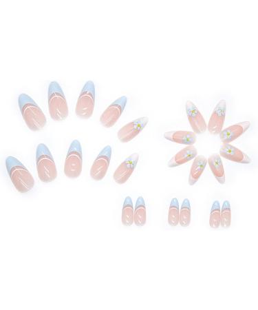 Almond Flower False Nails Short 24Pcs Oval French Fake Nails Light Blue and White Press on Nails - Floral Nude French Nail Tips - Nail Glue Stick - Women Girls Nails Art - Blue 29 Piece Set - Buy Online on GoSupps.com