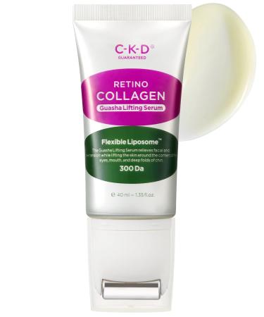 CKD Retino Collagen Small Molecule 300 Guasha Lifting Serum Puffiness Relief & Firming Plumping & Cooling Gel Formula with Stainless Steel Roller Massager 1.69 fl.oz.