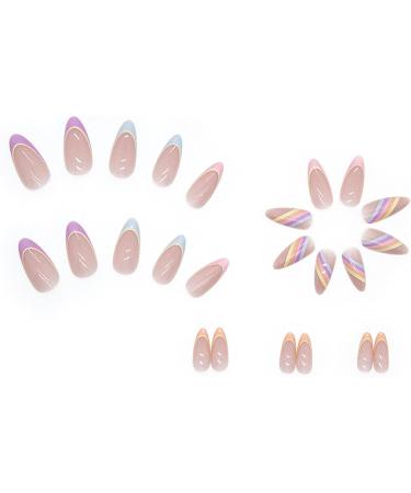 JustOTRY 24 Pcs Short Almond Rainbow Swirl Stick on Fake Nails - Multicolour French False Nails with Glue for Women - Oval Press on Nails for Art - Buy Online on GoSupps.com