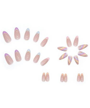 Justotry 24-Piece Almond Press On Nails - Light Rainbow Swirl Acrylic Short French Nails for Women - Easy Stick On Nail Art (Purple & Orange) - Buy Online on GoSupps.com