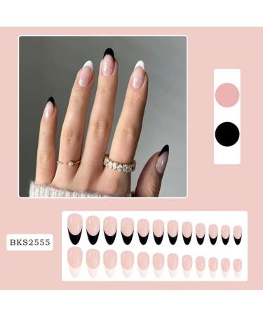 24Pcs Press on Nails Short French Tips Fake Nails Acrylic Almond Shape False Nails Reusable Black White Artificial Nails for Women Girls - Buy Online on GoSupps.com
