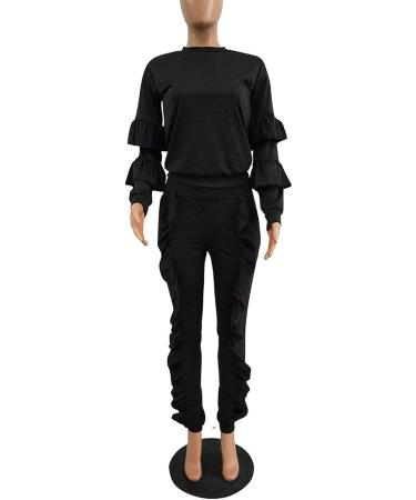 KANSOON Women 2-Piece Puff Sleeve Top & Flounced Pants Sweatsuit Set - Buy Online on GoSupps.com