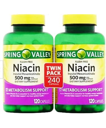 Spring Valley Flush Free Niacin (B-3) 500mg 240 Capsules - Pack of 2 Bottles - Fast-Acting Formula - Buy Online on GoSupps.com