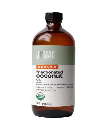 J MAC BOTANICALS Fractionated Coconut Oil (16 Ounce Glass Bottle) Fractionated coconut oil for essential oils, Coconut Carrier oil for diluting essential oils, leave in conditioner for dry damaged hair, 16 Ounce 16 Fl Oz (Pack of 1)