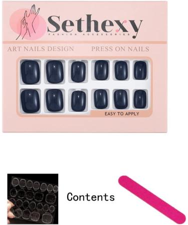 Sethexy Short Square Dark Blue False Nails - 24Pcs Glossy Pure Color Collection for Women and Girls - Buy Online on GoSupps.com