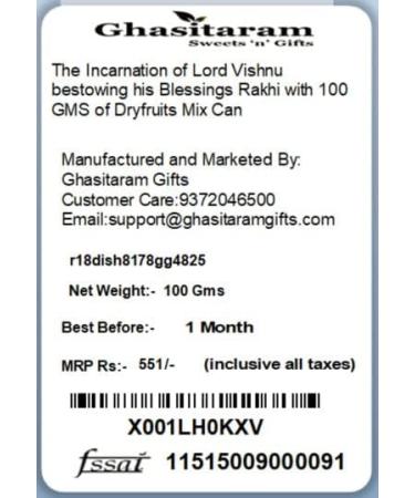Ghasitaram Gifts Rakhi for Brother Rakhis Online - The Incarnation of Lord Vishnu bestowing his Blessings Rakhi with 100 GMS of Dryfruits Mix Can Rakhi Set with 100 gms of Dryfruits Mix Can - Buy Online on GoSupps.com