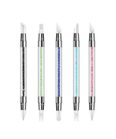 5 pieces Silicone Nail Tools Acrylic Rhinestone Handle Double-ended Nail Art Pen for Design Nail Foil Carving Drawing