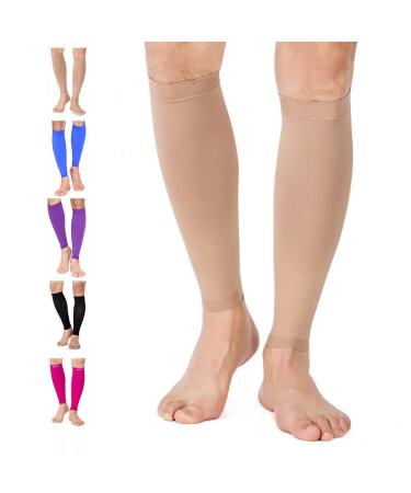 TOFLY Calf Compression Sleeve for Men & Women 1 Pair Footless Compression Socks 20-30mmHg for Leg Support Shin Splint Pain Relief Swelling Varicose Veins Nursing Travel Plus Size S - 5XL M Beige