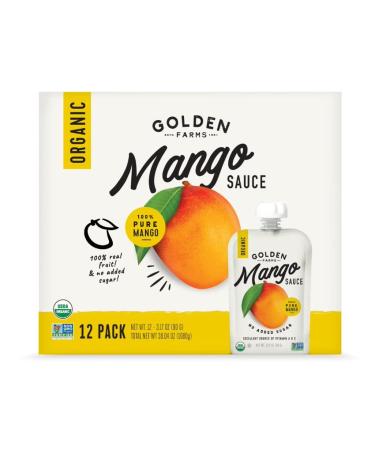 Golden Farms Mango Pouches, Single Ingredient Healthy Snacks (Pack of 12), 100% Pure Fruit, No Added Sugar, Vegan, Gluten-Free, Kosher, Organic Squeeze Pouch 3.17oz Each