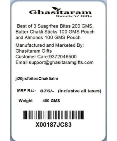 Ghasitaram Gifts Rakhi Gifts for Brothers Rakhi Sweets - Best of 3 Suagrfree Bites 200 GMS Butter Chakli Sticks 100 GMS Pouch and Almonds 100 GMS Pouch with 2 Pearl Beads Rakhis - Buy Online on GoSupps.com
