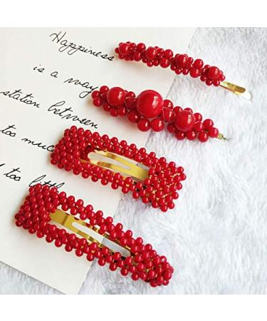Tzoxal 4PCS Handmade Fashion Red Artificial Pearl Gold BB Barrettes  Sweet Hair Clips Pins for Wedding Bridal Bridesmaid  Geometric Alloy Decorative Hairgrip Accessories for Women  Ladies (4PCS-Red)