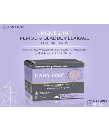 EASYDAY Overnight Heavy Flow Pads with Wings | 2-in-1 Period & Light Bladder Leakage Protection | Sensitive Skin Friendly | Unscented & Breathable | Ultra Thin & Innovative Leak Guard | Individually Wrapped (12 Pack) - Buy Online on GoSupps.com