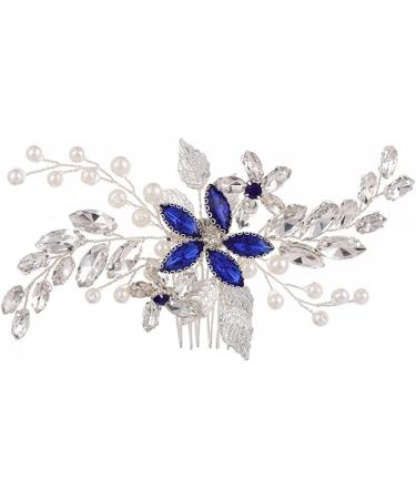 Bridal Sapphire Crystal Hair Comb Pearl Blue Crystal Leaf Marquise Hair Piece Prom Party Festival Wedding Hair Accessories for Women and Girls (Silver) - Buy Online on GoSupps.com