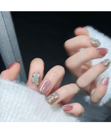 Pink Cat Eyes Gentle Handmade Nail Wearing for Autumn and Winter Short Nail Beauty False Nails(Ultrashort pink XS)