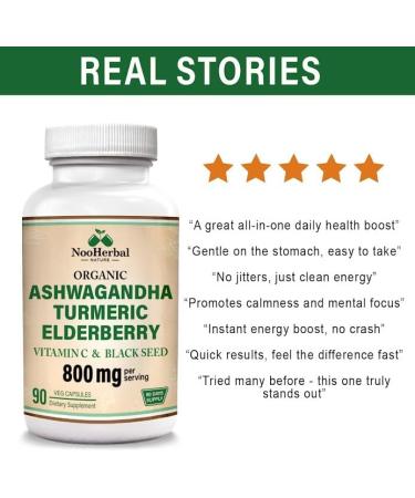 Ashwagandha Supplements with Turmeric Curcumin, Elderberry, Vitamin C & Black Seed - Supports Relaxation, Mood & Immune Health - 800mg - 90 Vegan Capsules, Non-GMO & Gluten-Free - Buy Online on GoSupps.com