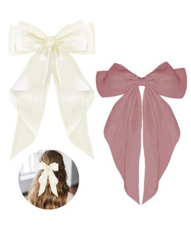 ZEVONDA Pack of 2 Big Bow Hair Clips - Solid Color Large Bowknot Hairpin Hair Clip with Long Silky Satin Tail Hair Barrettes Accessories for Girls Women Milky White + Pink Milky White + Pink (2PCS)
