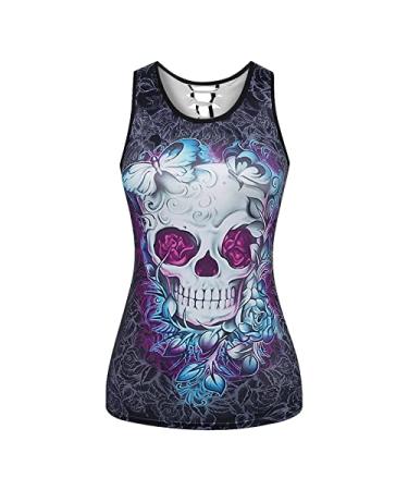 Summer Tops for Women, Women's Casual Crewneck Tank Tops Funny Gothic Graphic Sleeveless Skull Shirts A01-purple Medium