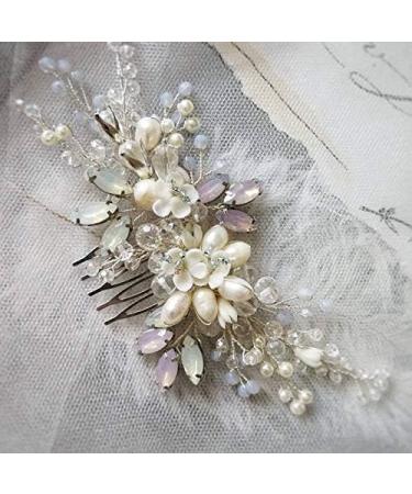 Kercisbeauty Wedding Pink Blue Rhinestones White Flower Hair Comb with Crystal Beads for Brides Bridal Headpiece Prom Hair dress(Silver) - Buy Online on GoSupps.com