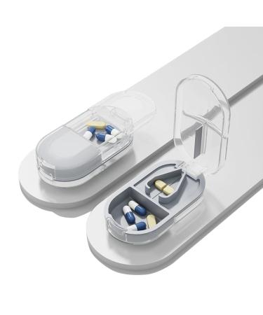 Daily Pill Case Portable Pill Organizer Tablets Cutter 2-in-1 Small Travel Medicine Splitter Box for Medication Fish Oil Vitamin Capsule Supplement BPA Free Material Transparent Grey Green