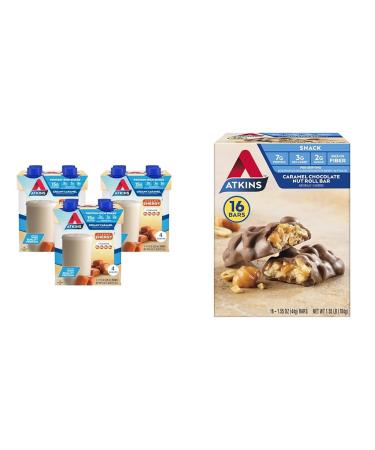 Atkins Energy Shake Creamy Caramel with Protein Gluten Free 4 Count(Pack of 3) and Caramel Chocolate Nut Roll Snack Bar High in Fiber 2g Sugar 16 Count