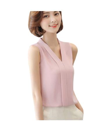 Chiffon Brief Shirts Neck Tops V Sleeveless Women Casual Wear Office Work Women's Blouse Satin Dress Shirt (Pink, XL) X-Large Pink